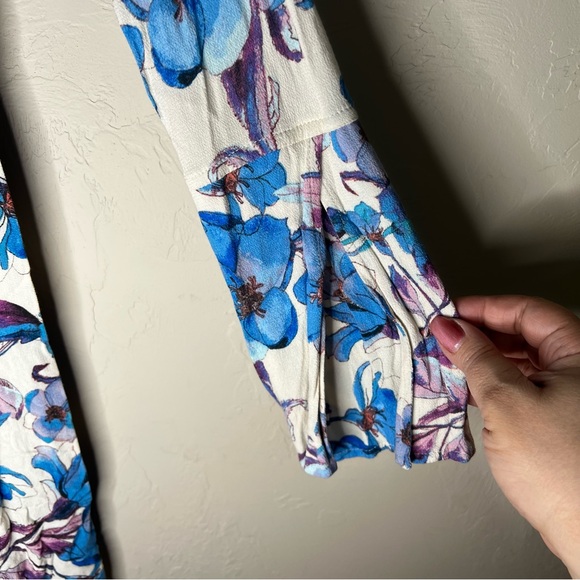 Free People Teagan Floral Blue Purple Boho Double V Cutout Mini Dress - Picture 7 of 14